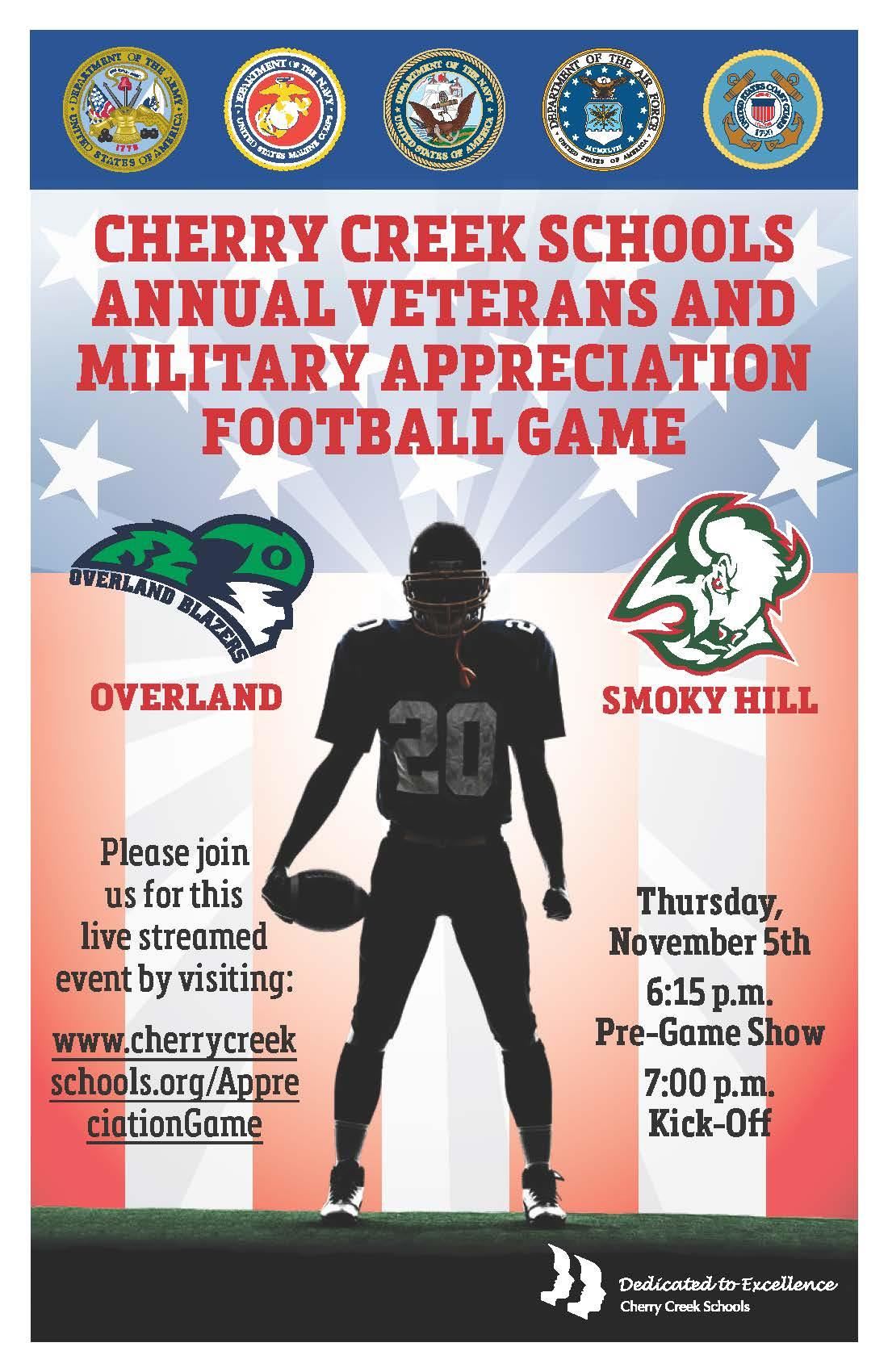 Military Appreciation Game flyer with military logos and silhouette of a football player in helmet holding football